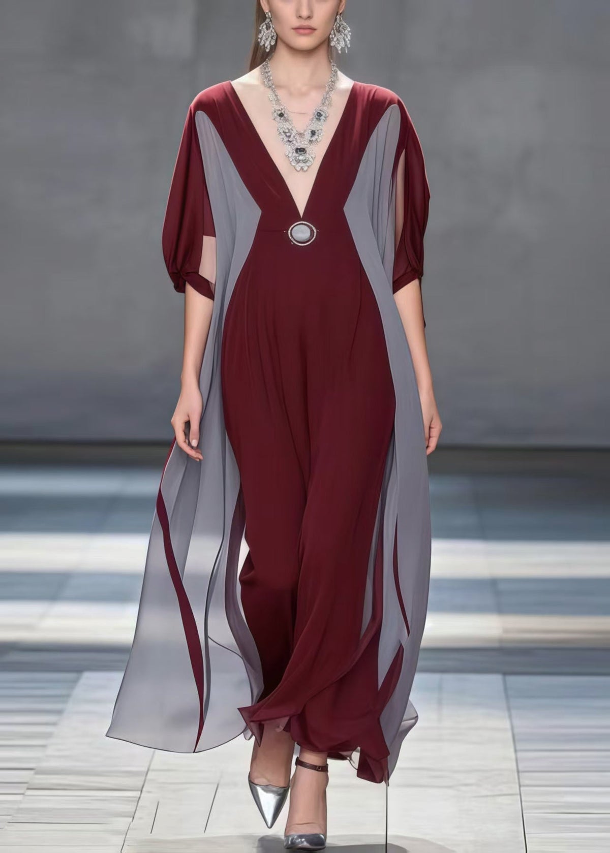 Deep V-Neck Batwing Sleeve Colorblock Chiffon Maxi Dress - View 3