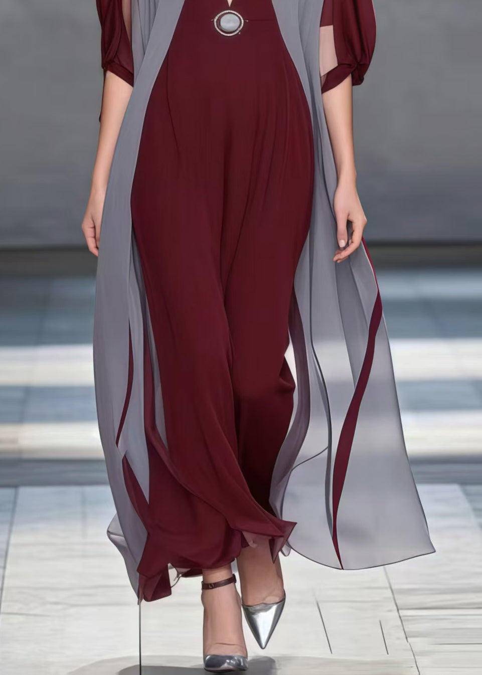 Deep V-Neck Batwing Sleeve Colorblock Chiffon Maxi Dress - View 4