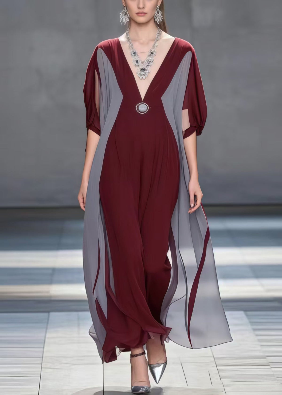 Deep V-Neck Batwing Sleeve Colorblock Chiffon Maxi Dress - View 5