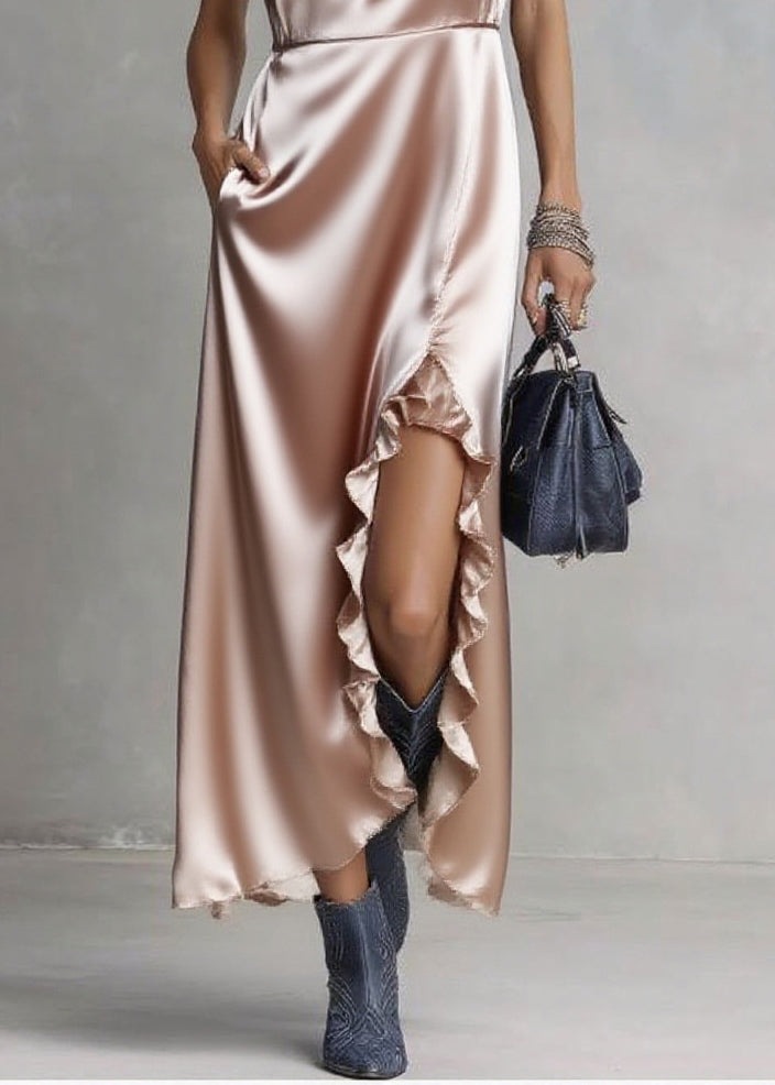 Satin Deep V-Neck Sleeveless Ruffle Trim High Split Pocket Maxi Dress - View 4