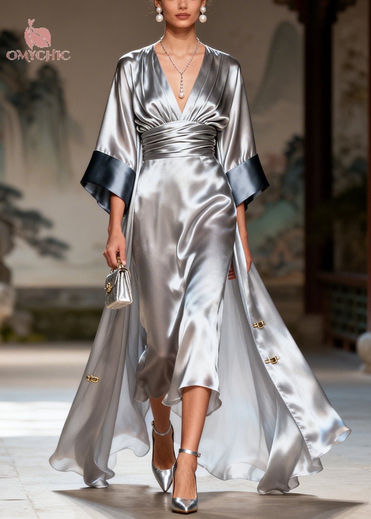 Satin Deep V-Neck Pleated Waist Midi Open Front Robe Set