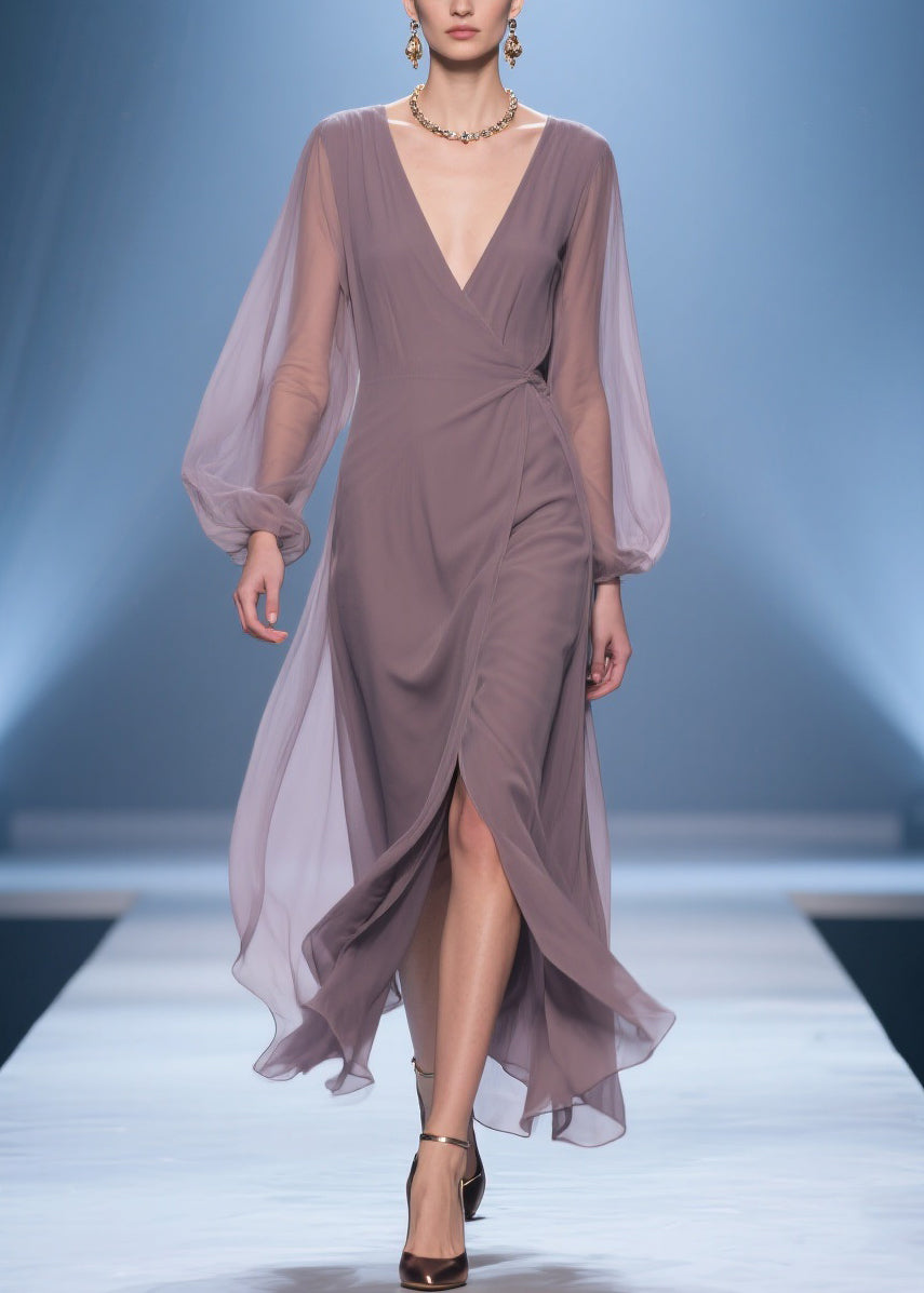 Chiffon Wrap Deep V-Neck Bishop Sleeve Gathered Waist Maxi Gown