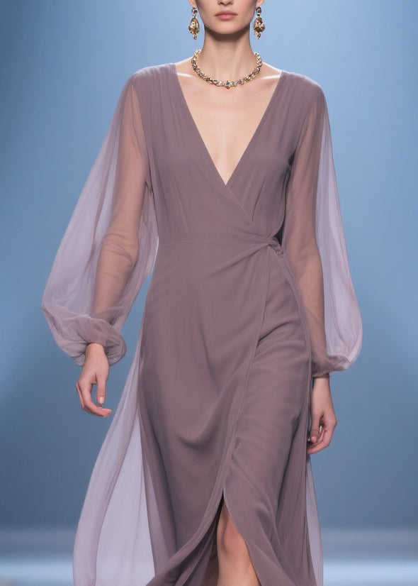 Chiffon Wrap Deep V-Neck Bishop Sleeve Gathered Waist Maxi Gown - View 2