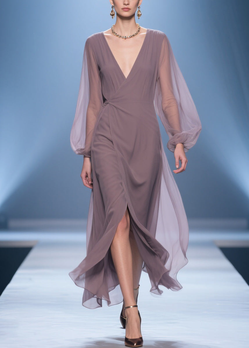 Chiffon Wrap Deep V-Neck Bishop Sleeve Gathered Waist Maxi Gown - View 3