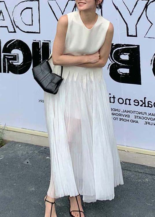 Sleeveless Crew Neck Sheer Pleated Jagged Seam Maxi Dress - View 2