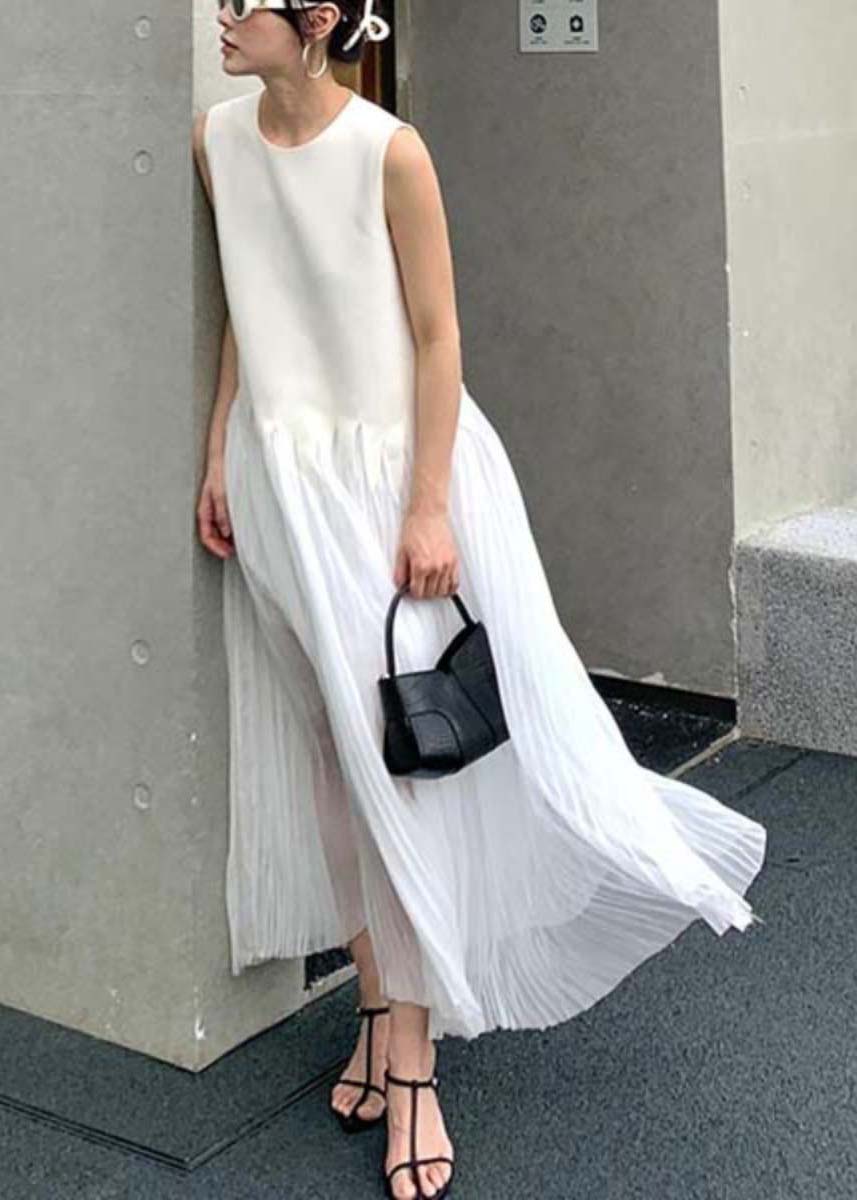 Sleeveless Crew Neck Sheer Pleated Jagged Seam Maxi Dress - View 4