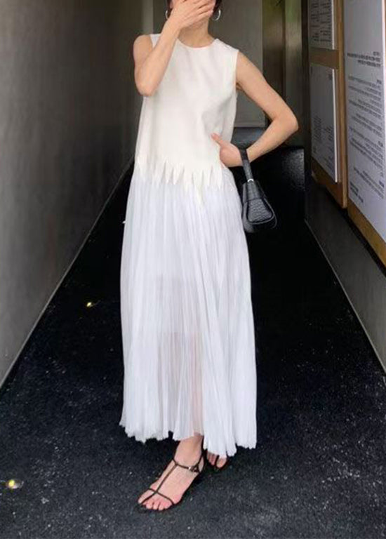Sleeveless Crew Neck Sheer Pleated Jagged Seam Maxi Dress - View 5