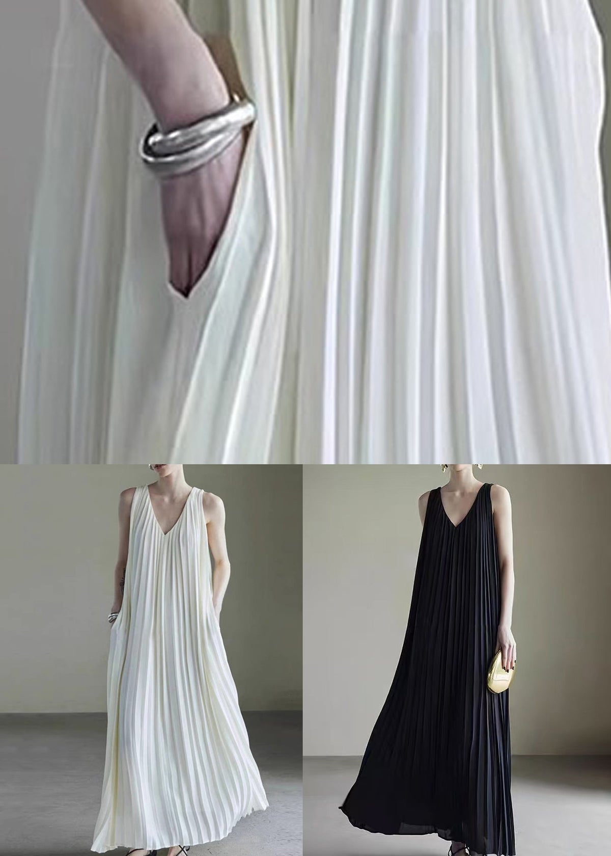 Chiffon Deep V-Neck Sleeveless Accordion Pleat Pocket Flowy Maxi Dress - View 5