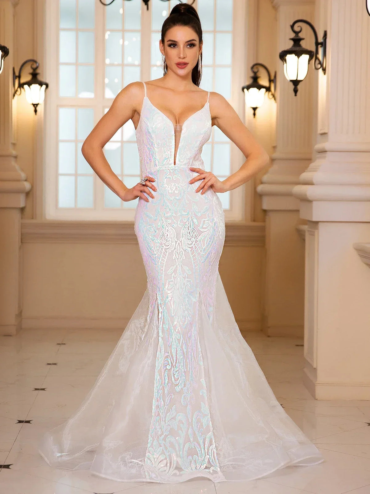 Deep V-Neck Spaghetti Strap Sequin Fishtail Maxi Gown 7