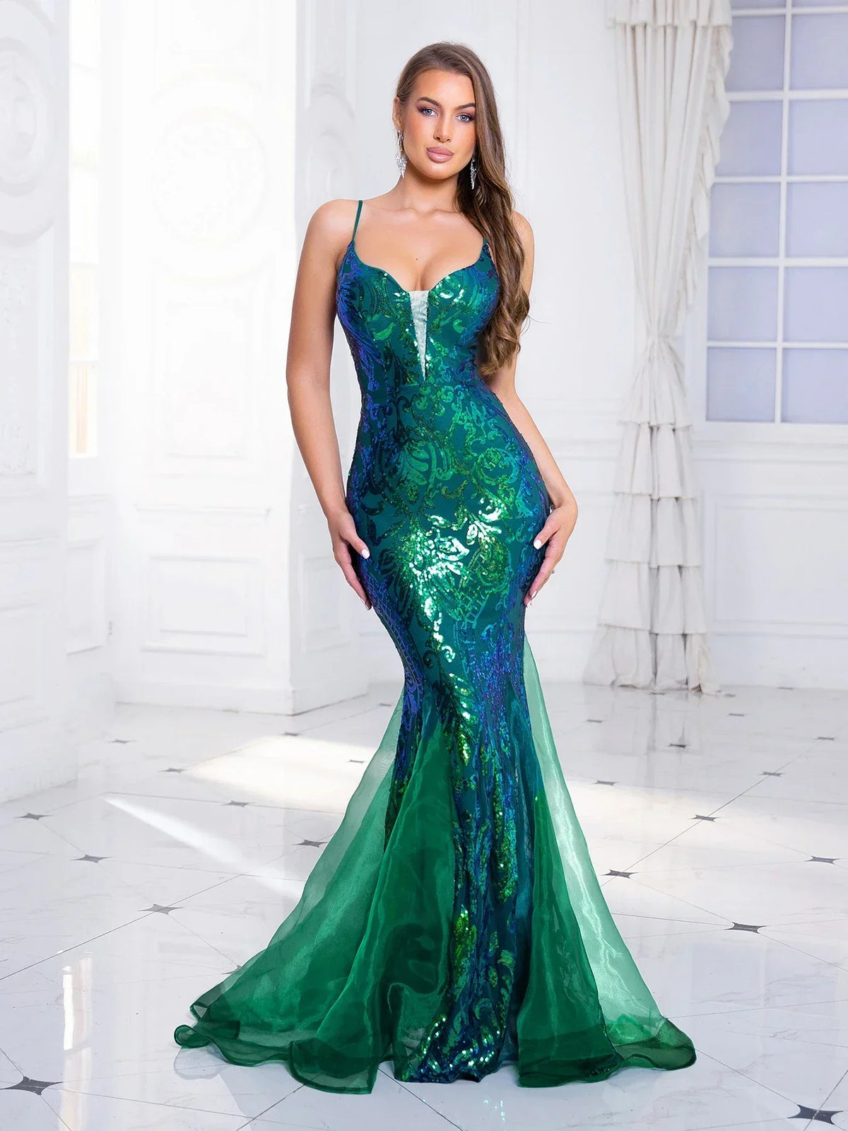 Deep V-Neck Spaghetti Strap Sequin Fishtail Maxi Gown 3