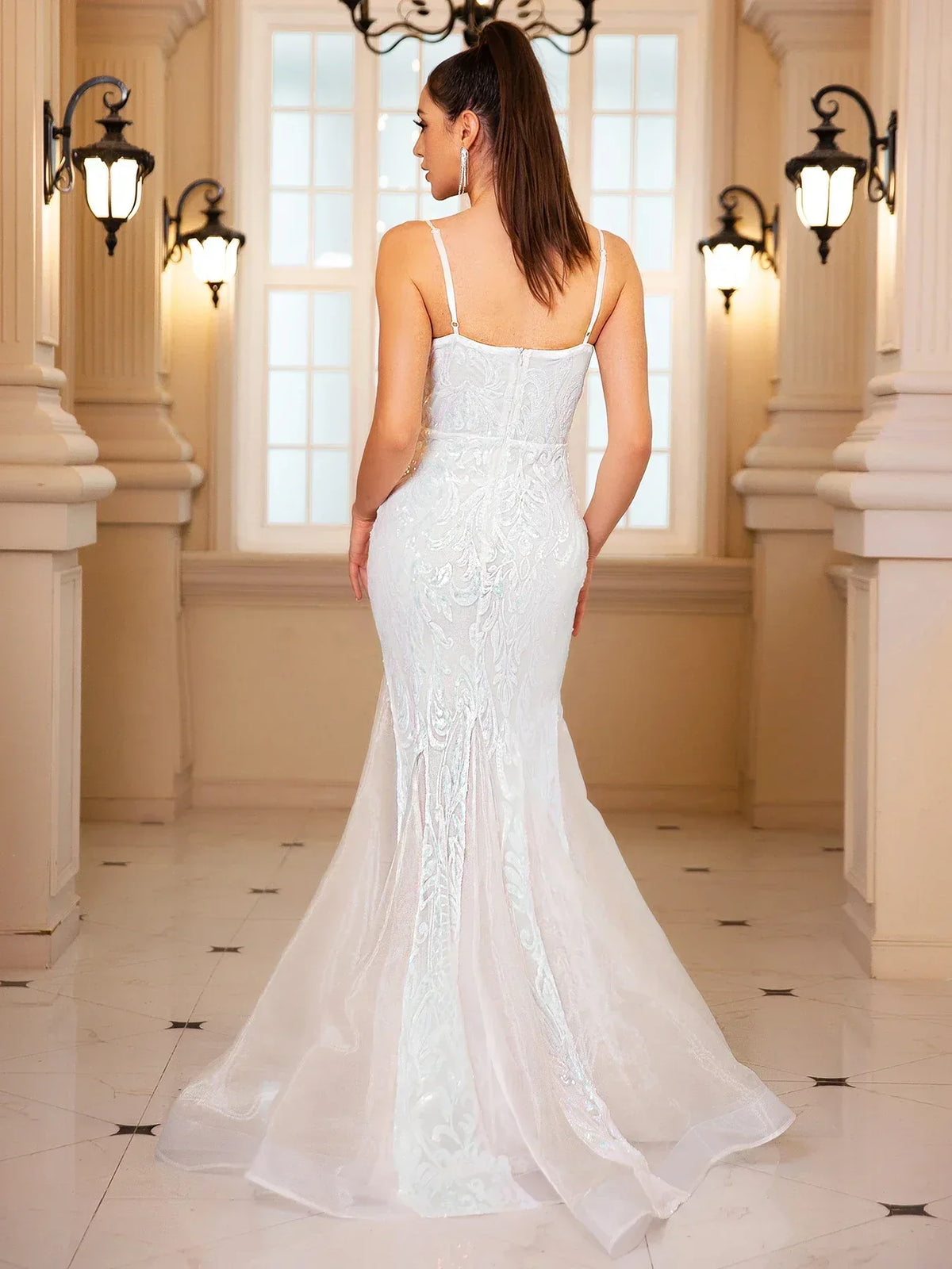 Deep V-Neck Spaghetti Strap Sequin Fishtail Maxi Gown 2