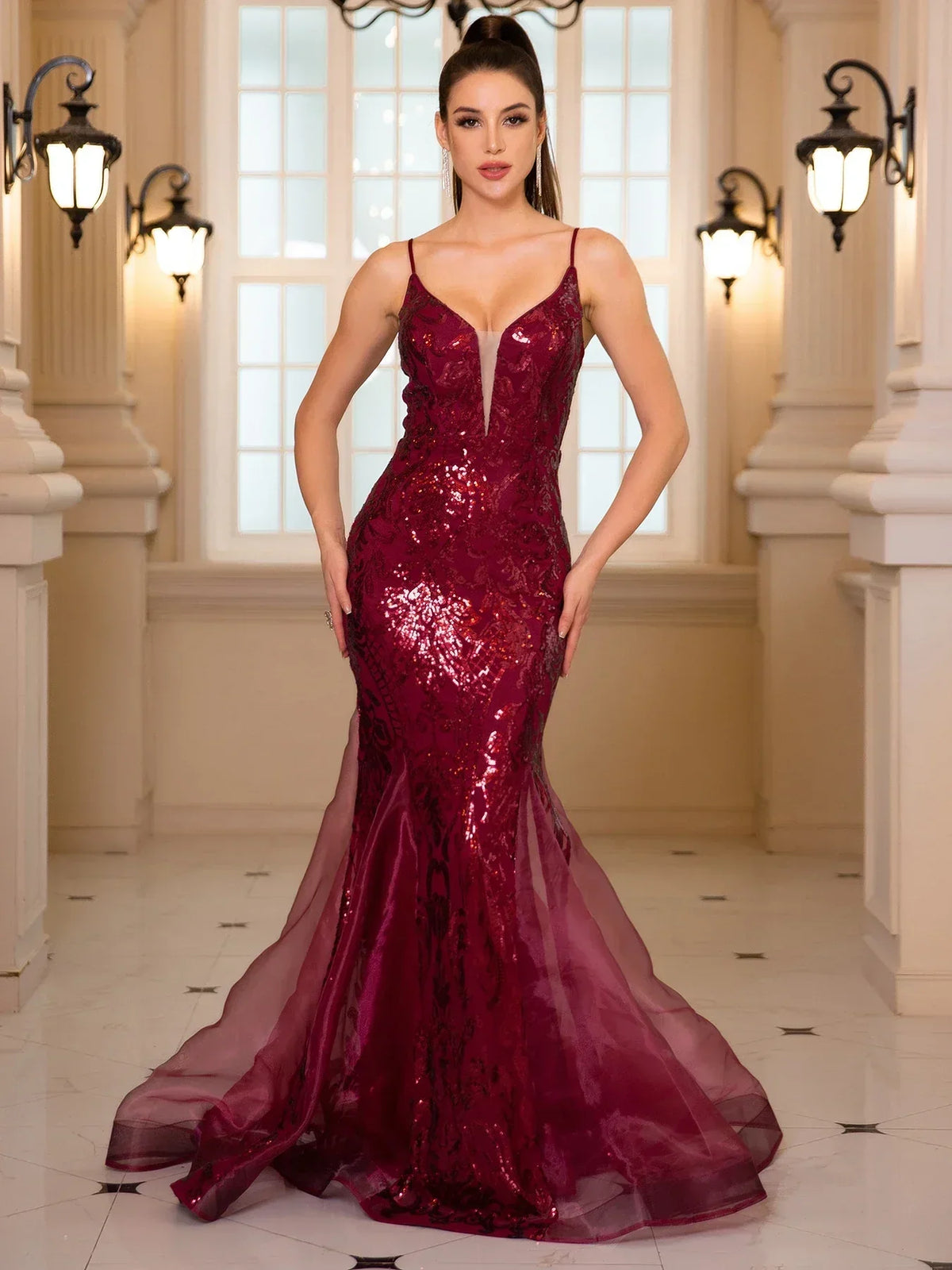 Deep V-Neck Spaghetti Strap Sequin Fishtail Maxi Gown 5
