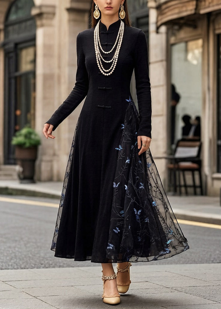 Mandarin Collar Frog Button Mesh Butterfly Embroidery Maxi Dress - View 3