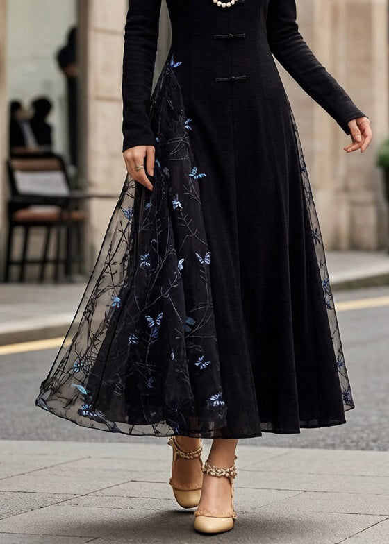 Mandarin Collar Frog Button Mesh Butterfly Embroidery Maxi Dress - View 4