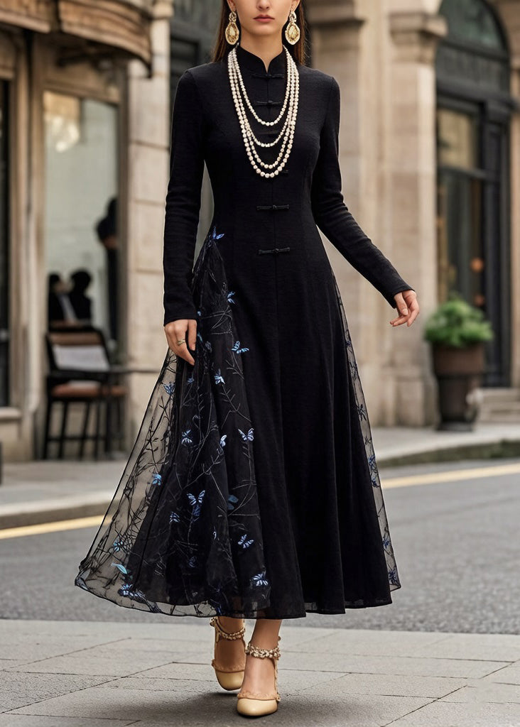 Mandarin Collar Frog Button Mesh Butterfly Embroidery Maxi Dress - View 5