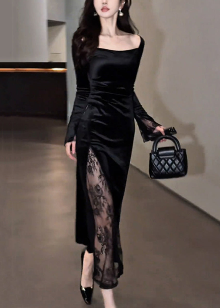 Velvet Square Neck Long Sleeve Lace Panel High Split Maxi Gown - View 3