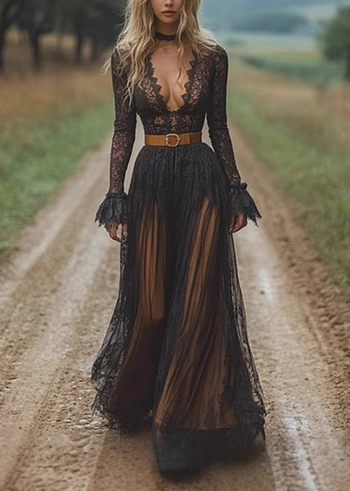 Lace Deep V-Neck Long Sleeve Ruffle Cuff Belted Tiered Maxi Gown - View 3