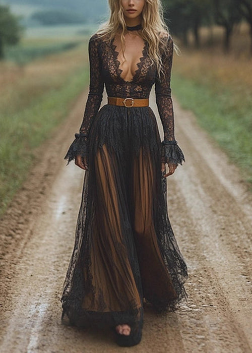 Lace Deep V-Neck Long Sleeve Ruffle Cuff Belted Tiered Maxi Gown - View 5