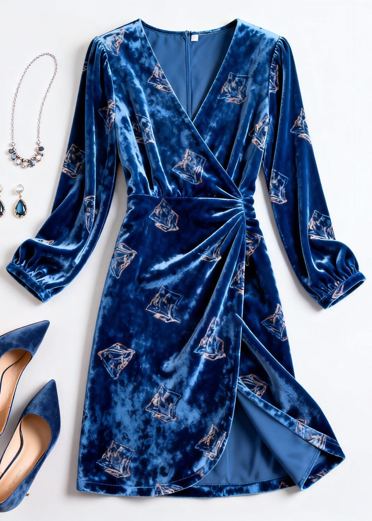 Velvet Sailboat Print Deep V-Neck Wrap Long Sleeve Midi Dress
