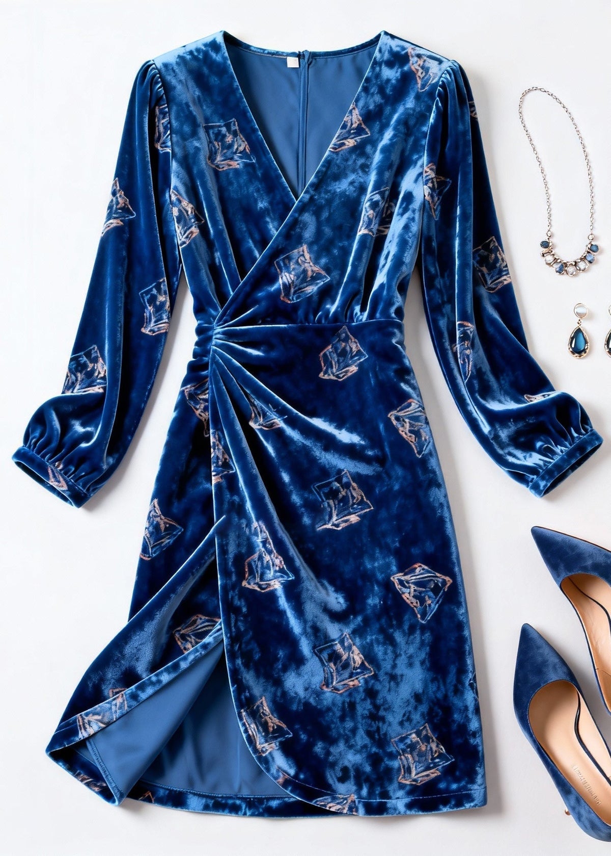 Velvet Sailboat Print Deep V-Neck Wrap Long Sleeve Midi Dress - View 3
