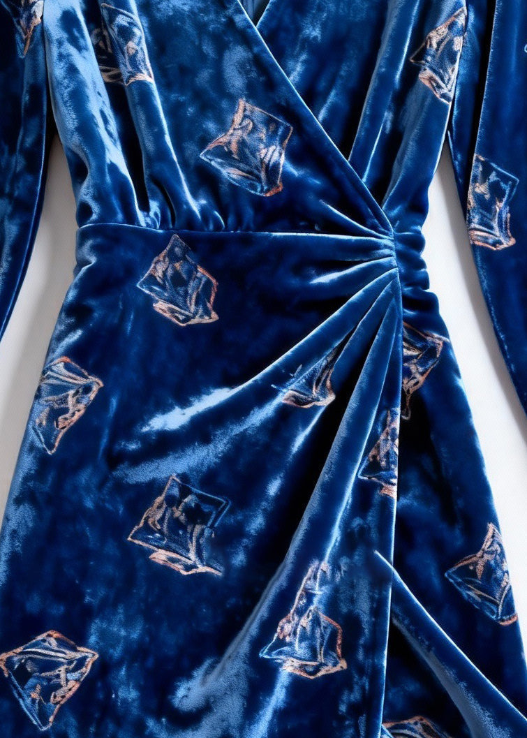 Velvet Sailboat Print Deep V-Neck Wrap Long Sleeve Midi Dress - View 4