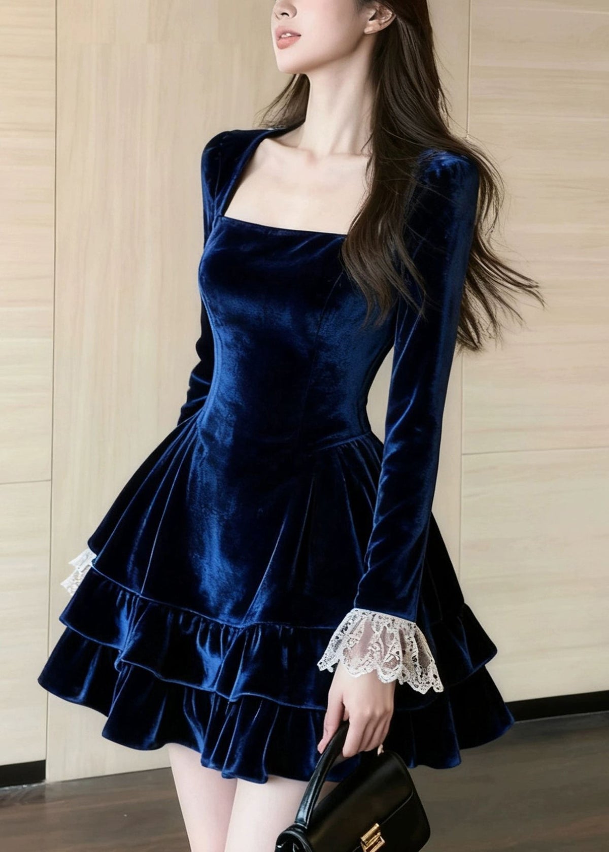 Slim Fit Blue Ruffled Lace Patchwork Silk Velvet Mini Dresses Spring