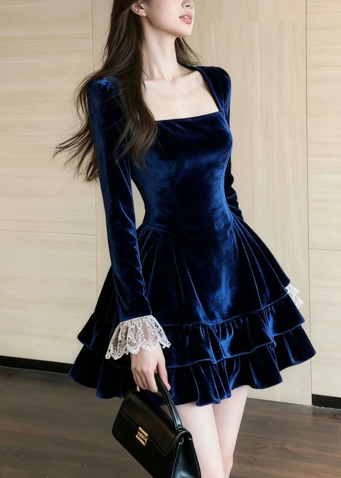 Slim Fit Blue Ruffled Lace Patchwork Silk Velvet Mini Dresses Spring - View 2