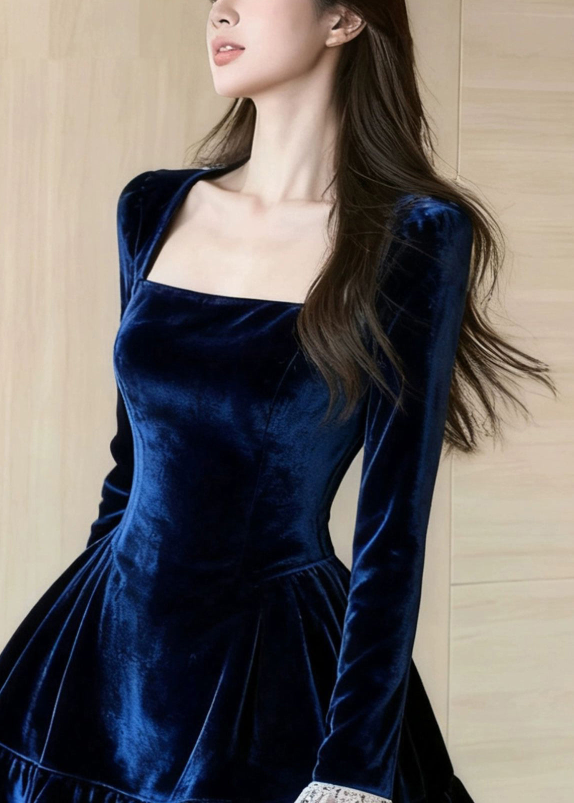 Slim Fit Blue Ruffled Lace Patchwork Silk Velvet Mini Dresses Spring - View 3