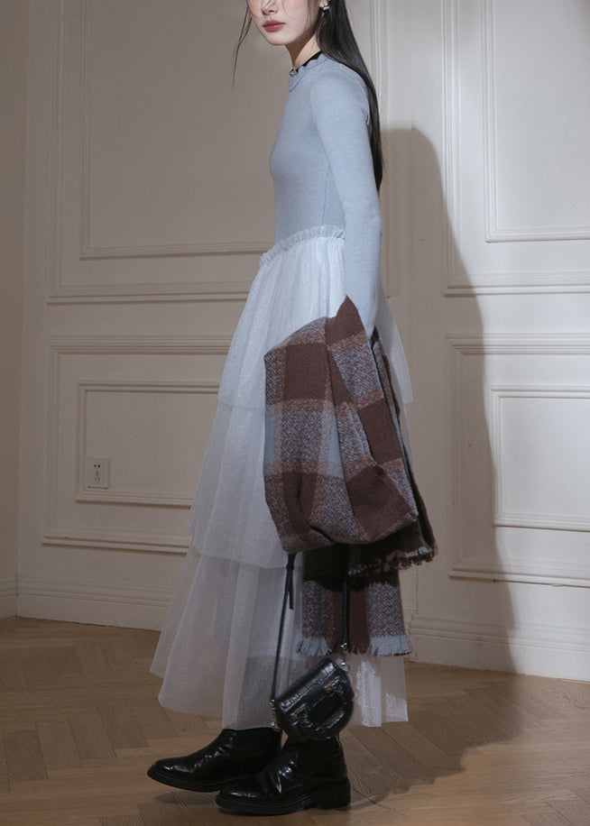 Slim Fit Blue Ruffled Up Tulle Patchwork Knit Long Dresses Fall - View 4