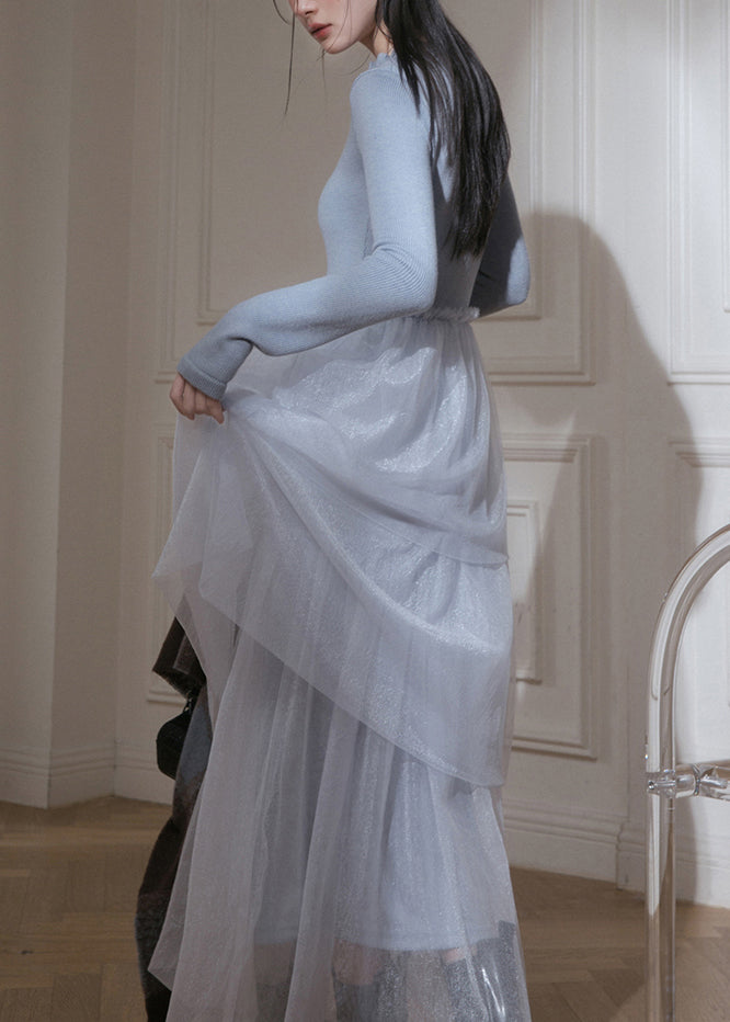 Slim Fit Blue Ruffled Up Tulle Patchwork Knit Long Dresses Fall - View 5