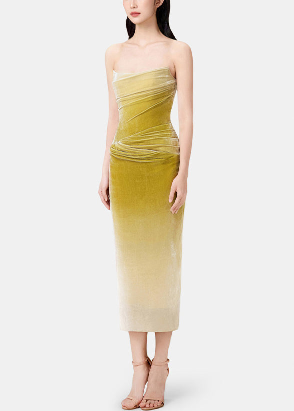 Velvet Strapless Ruched Bodycon Ombre Midi Dress - View 2