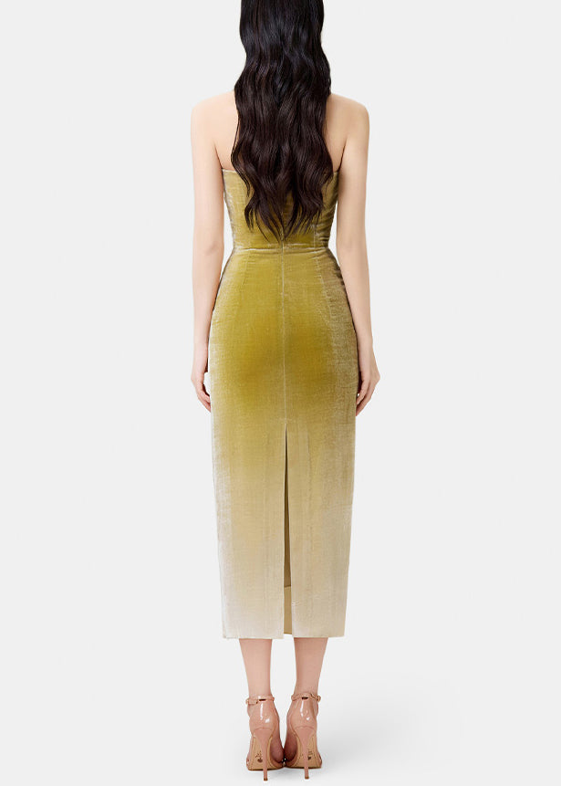 Velvet Strapless Ruched Bodycon Ombre Midi Dress - View 3
