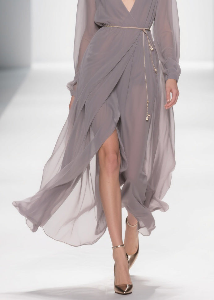 Chiffon Deep V-Neck Long Sleeve Wrap High Split Maxi Gown - View 4