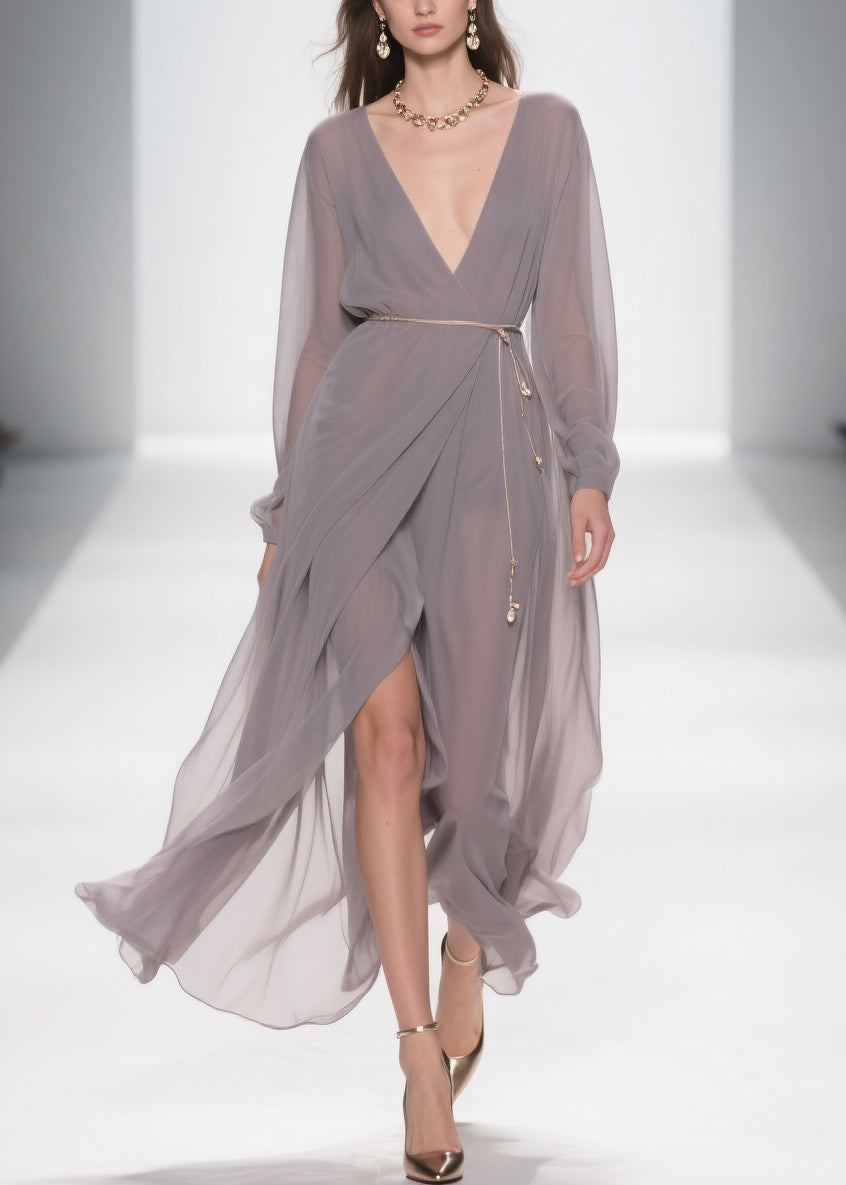 Chiffon Deep V-Neck Long Sleeve Wrap High Split Maxi Gown - View 5