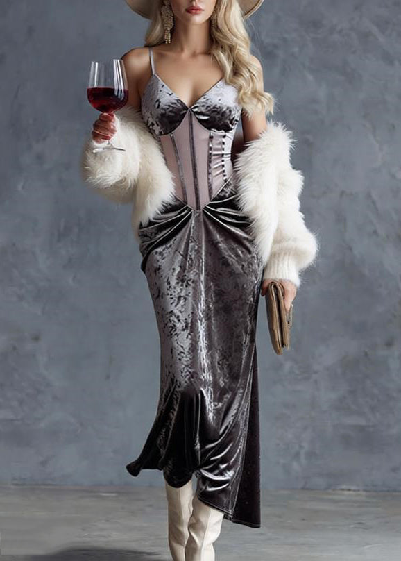 Velvet Corset Bodice Spaghetti Strap V-Neck Draped Maxi Gown - View 3