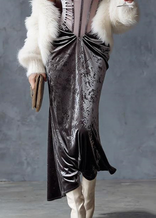 Velvet Corset Bodice Spaghetti Strap V-Neck Draped Maxi Gown - View 4