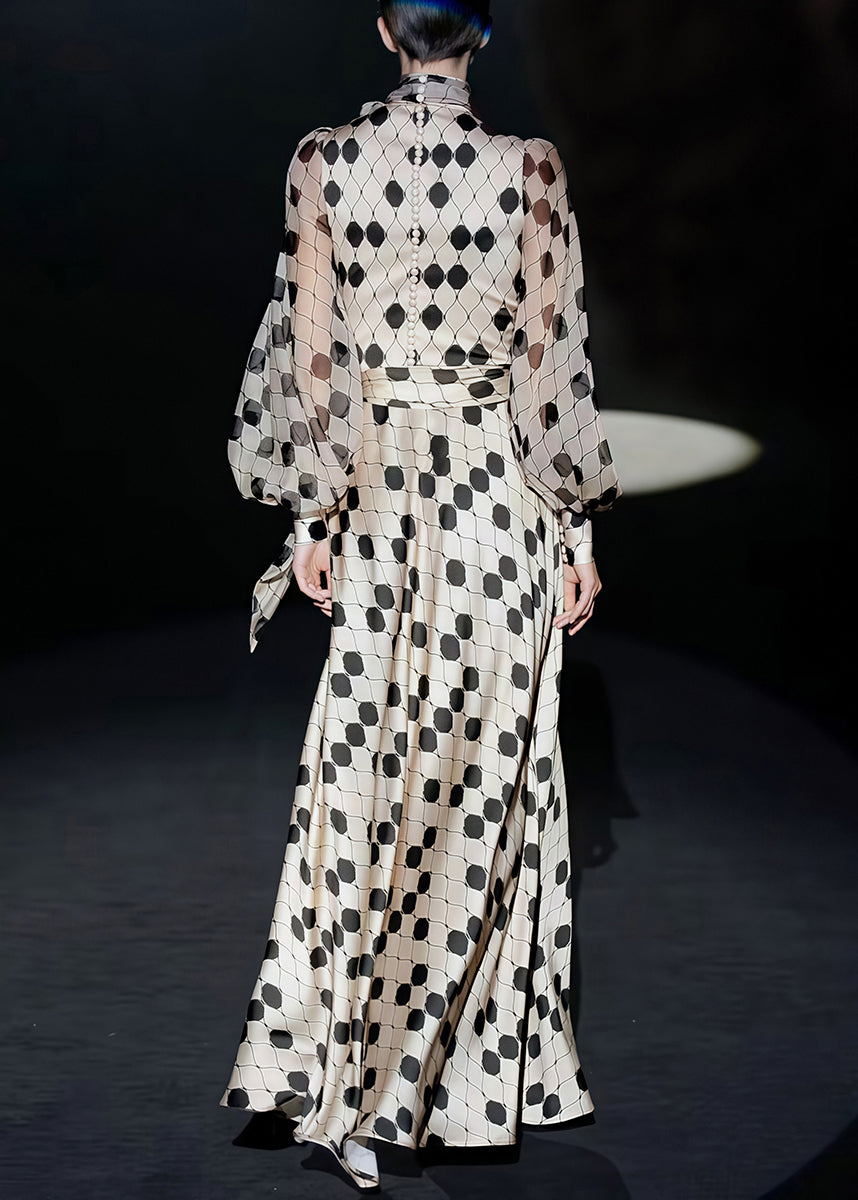 Polka Dot Lace Up Collar Balloon Sleeve Maxi Dress - View 3