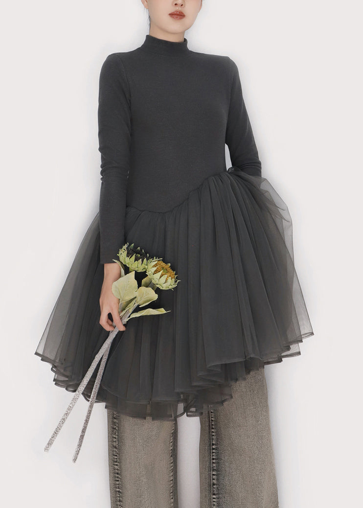 Slim Fit Smoky Gray Asymmetrical Tulle Patchwork Mini Dress Winter - View 4