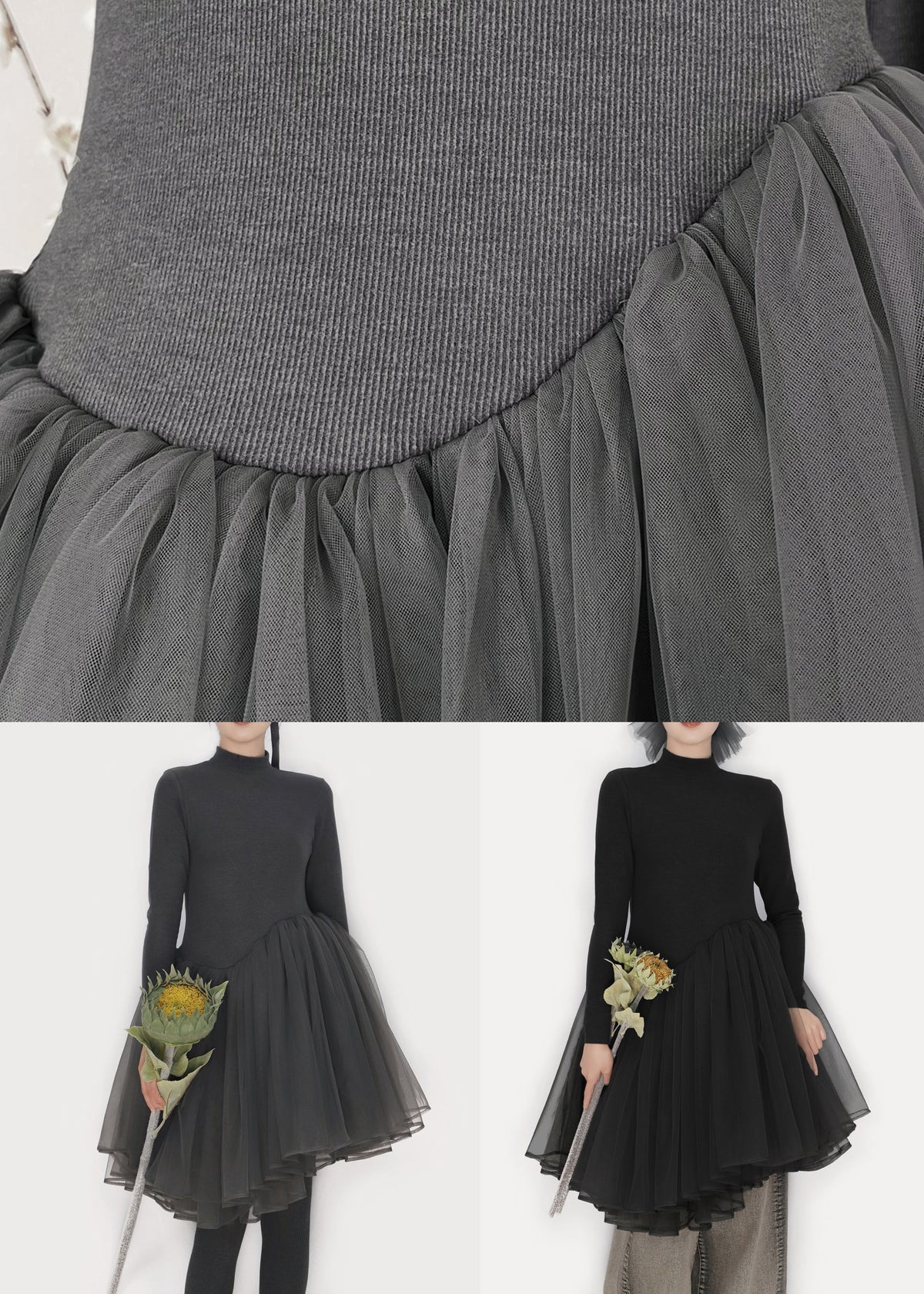 Slim Fit Smoky Gray Asymmetrical Tulle Patchwork Mini Dress Winter - View 5