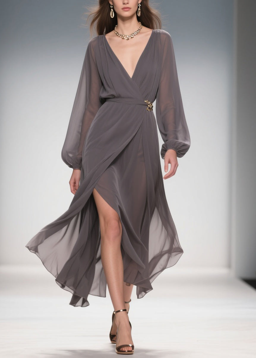 Chiffon Wrap Deep V-Neck Bishop Sleeve Jeweled Buckle Maxi Gown