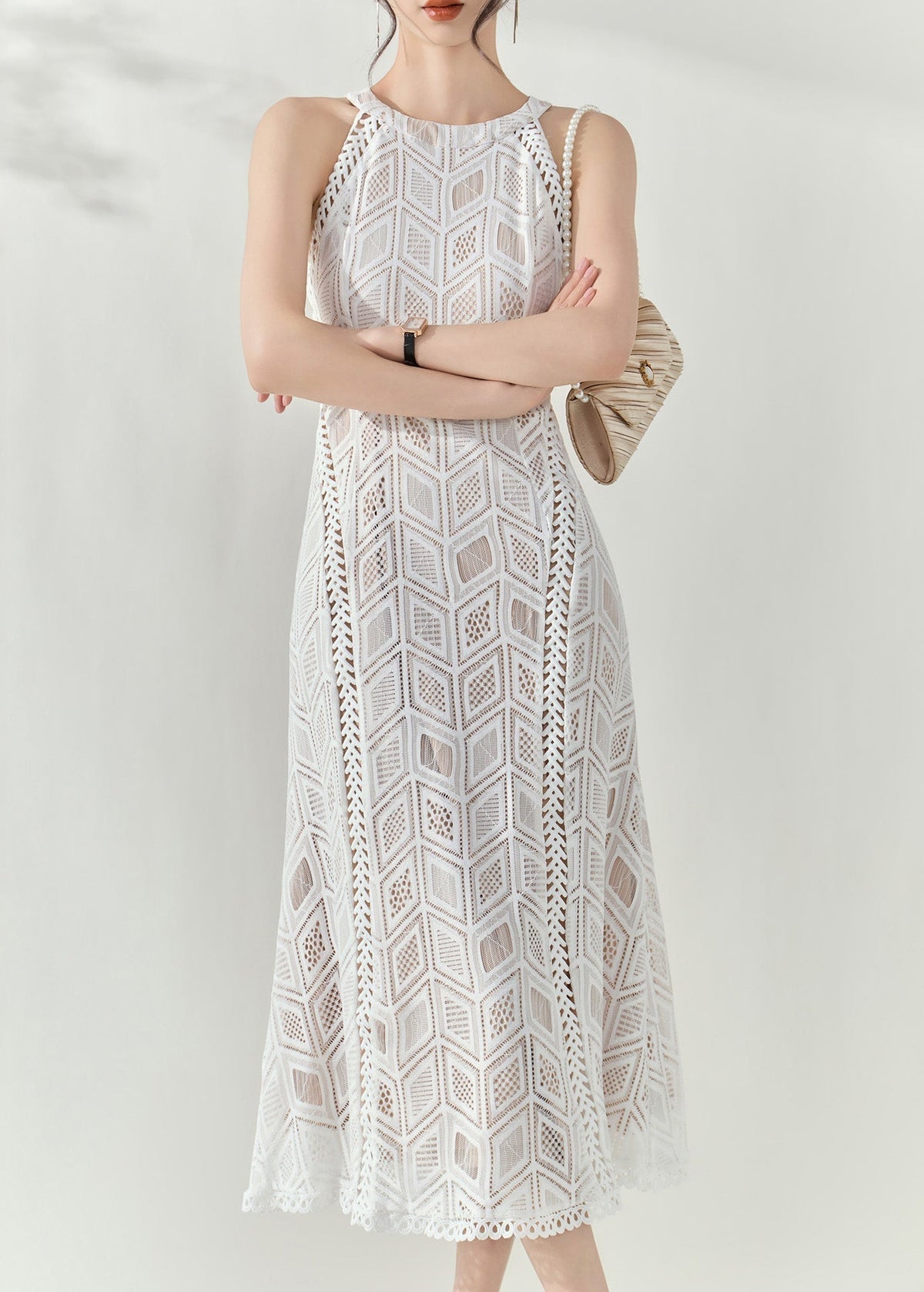 Slim Fit White Halter Hollow Out Lace Long Dresses Summer - View 2