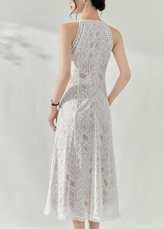 Slim Fit White Halter Hollow Out Lace Long Dresses Summer - View 5