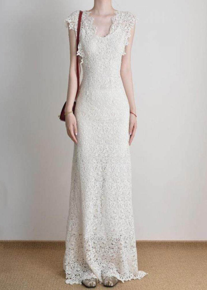 Crochet Lace V-Neck Cap Sleeve Slim Maxi Dress