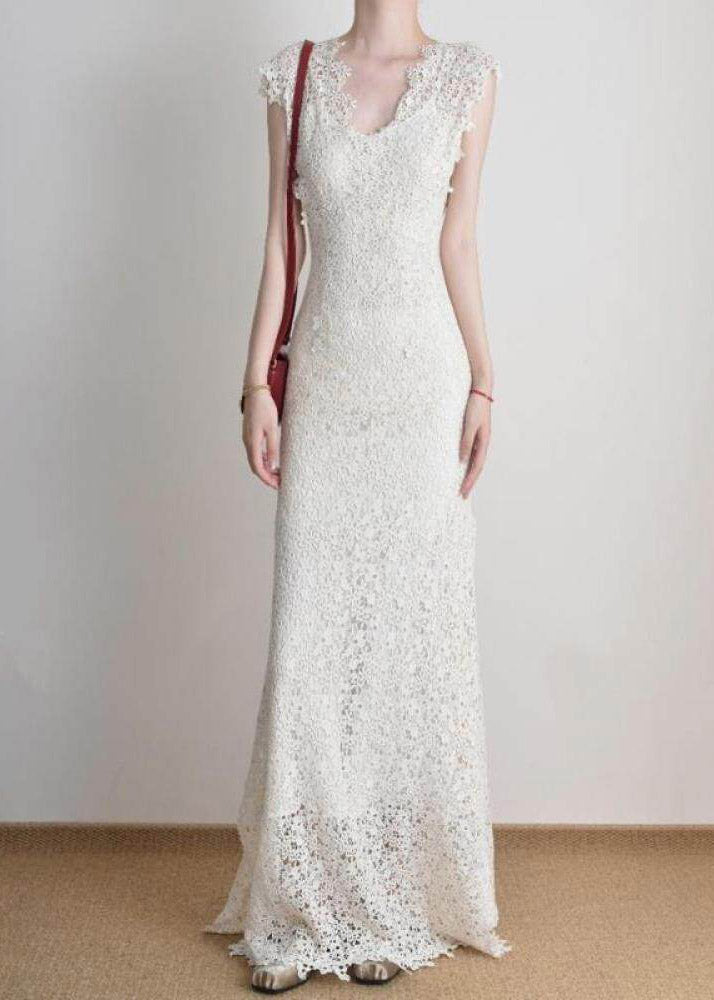 Crochet Lace V-Neck Cap Sleeve Slim Maxi Dress - View 5