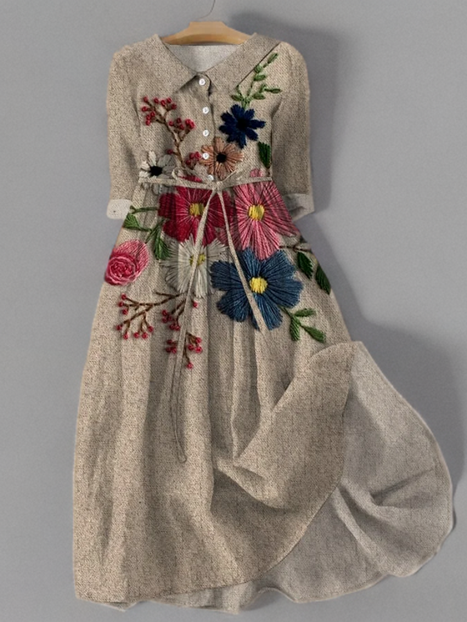 Floral Embroidery Collar Button Front Tie Waist Maxi Dress