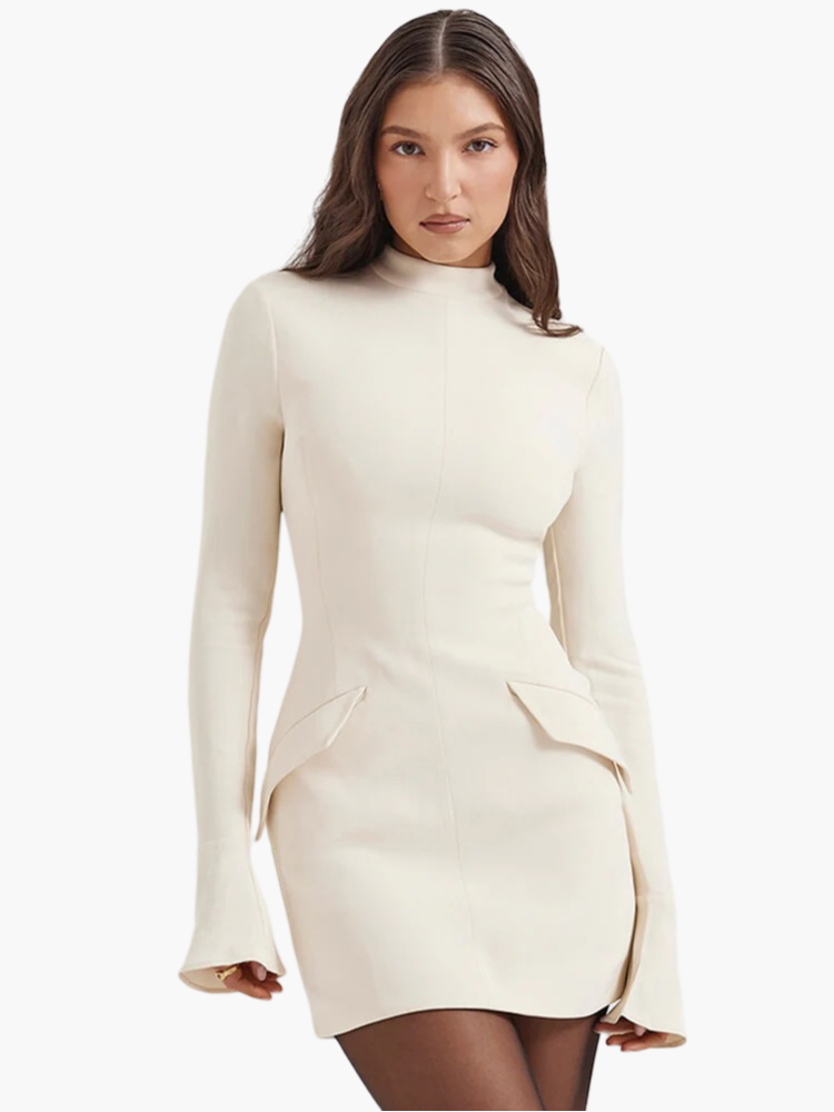 Mock Neck Long Sleeve Bell Cuff Princess Seam Mini Cocktail Dress - View 6
