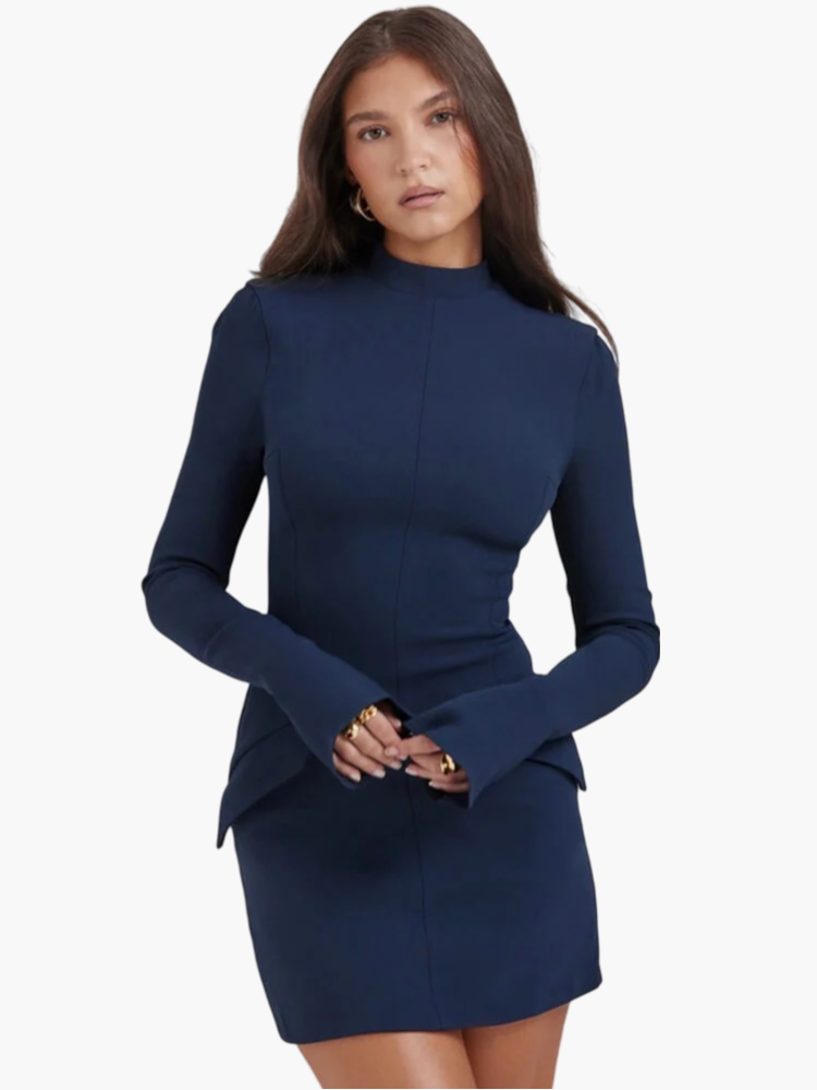 Mock Neck Long Sleeve Bell Cuff Princess Seam Mini Cocktail Dress - View 7