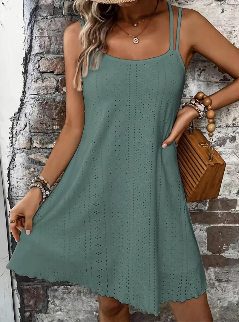 Eyelet Lace Spaghetti Strap Scalloped Hem Summer Mini Dress - View 3