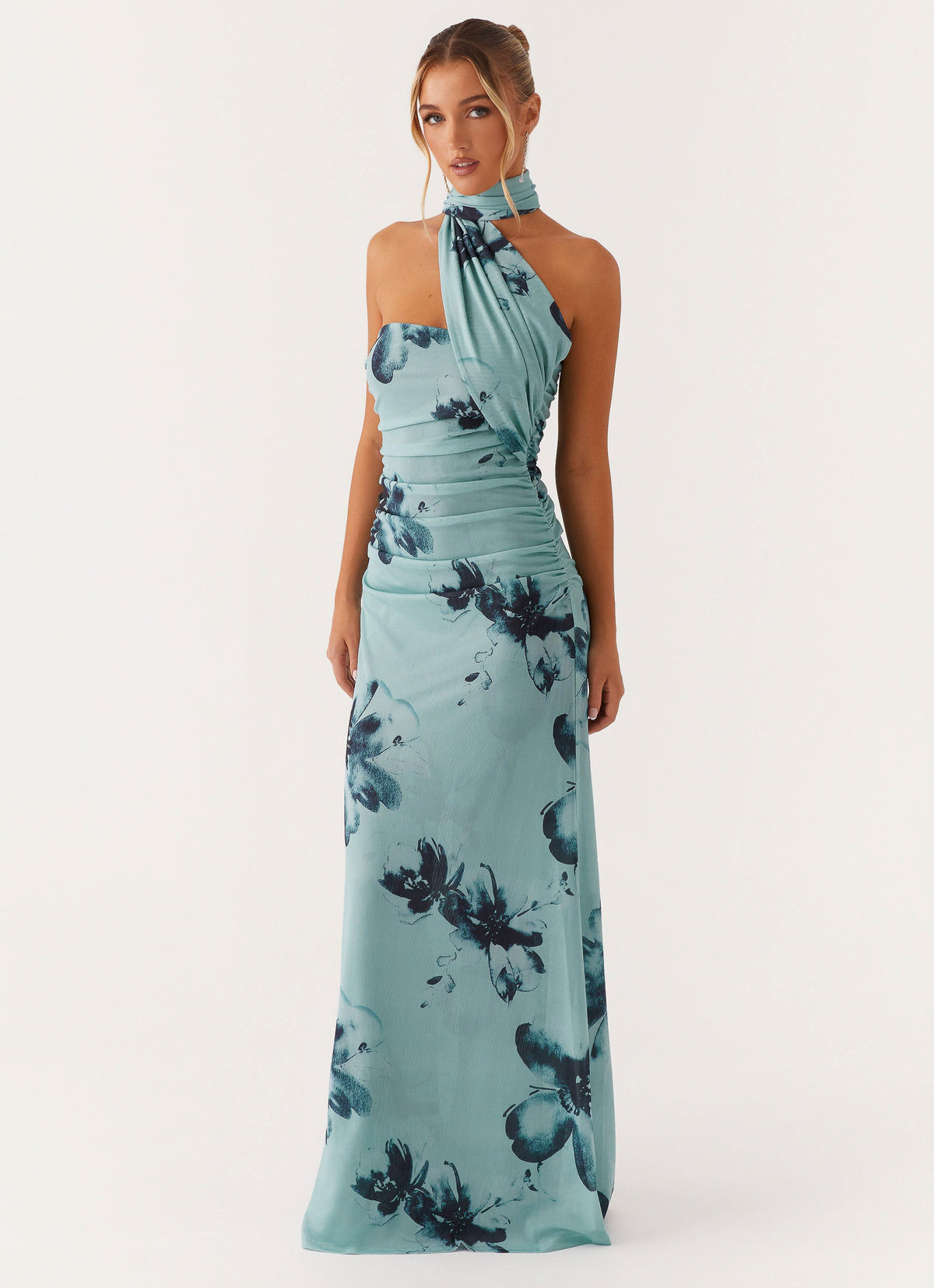 Floral Halter Neck Ruched Mermaid Maxi Dress 2