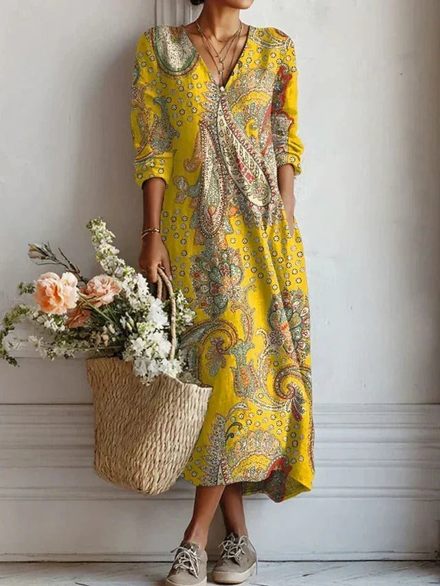 Paisley Print V-Neck Ruffle Cuff A-Line Maxi Dress 2